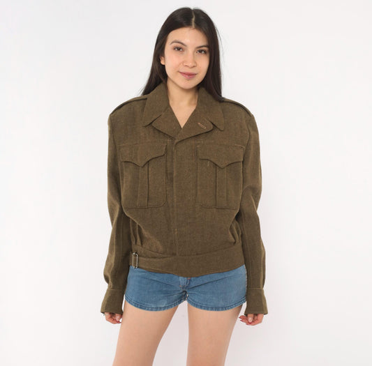 1950s Military Wool Jacket Olive Drab Cropped Blouson Army Green Medium M