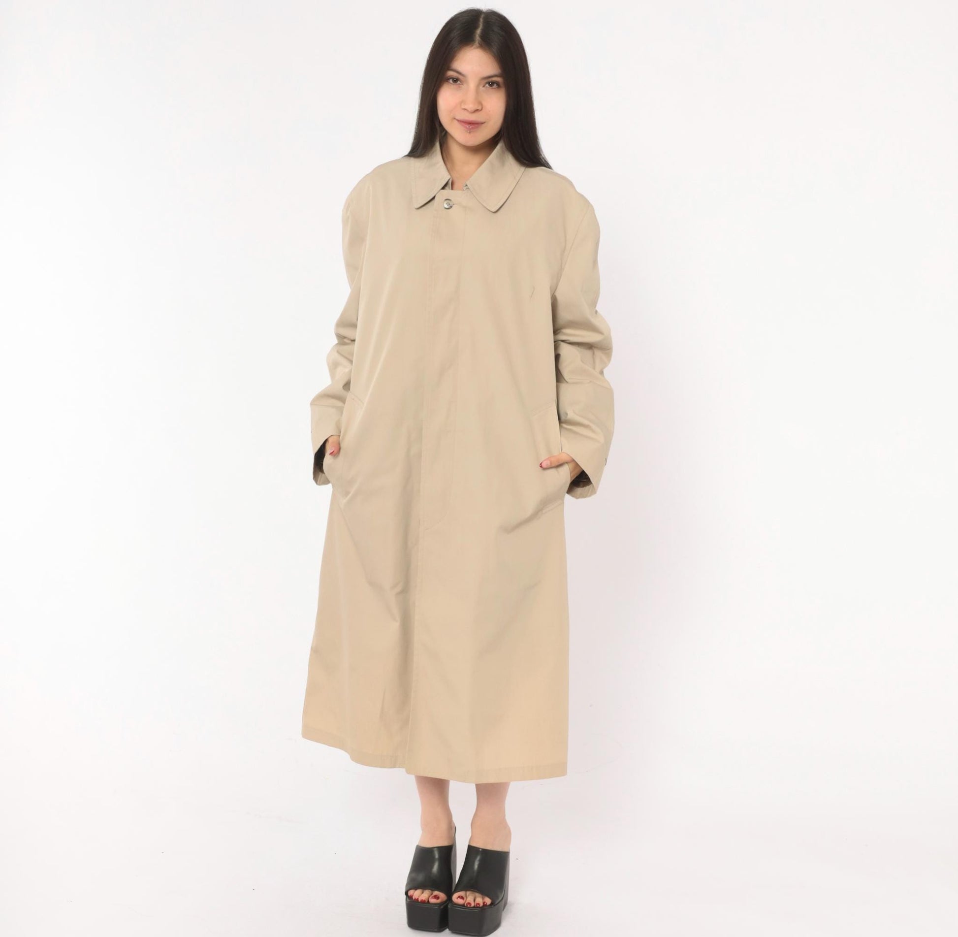 80s London Fog Trench Coat Beige Long Spread Collar Single Button Large