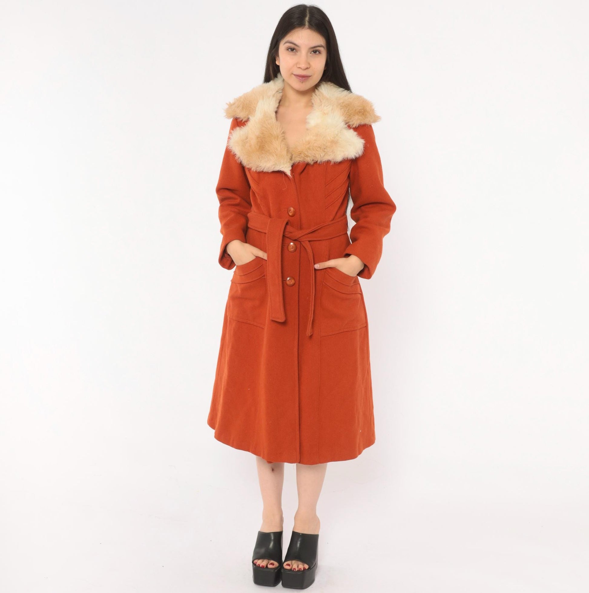 70s Burnt Orange Wool Coat Faux Fur Collar Belted Knee-Length Small