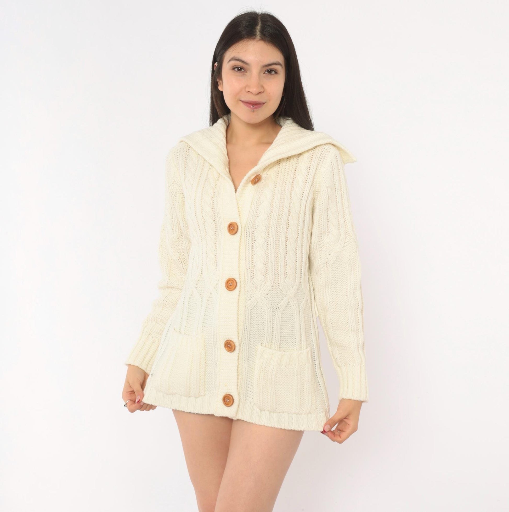 70s Exclusive Imports Cable Knit Cardigan Cream Fold-Over Collar Large L