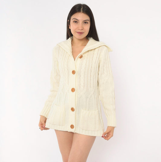 70s Exclusive Imports Cable Knit Cardigan Cream Fold-Over Collar Large L