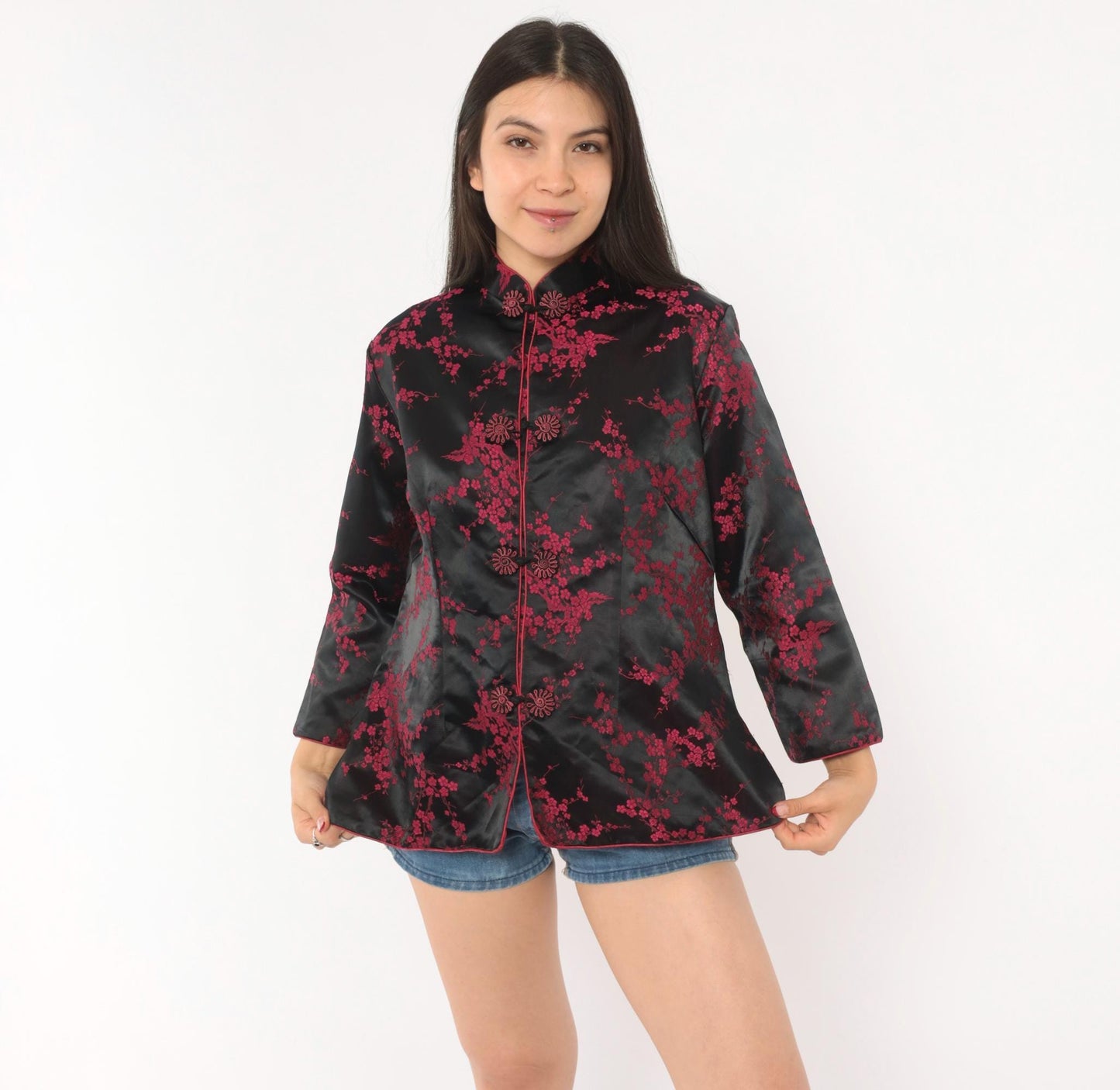 90s King Hu Black Brocade Jacket Cherry Blossom Mandarin Collar Large L