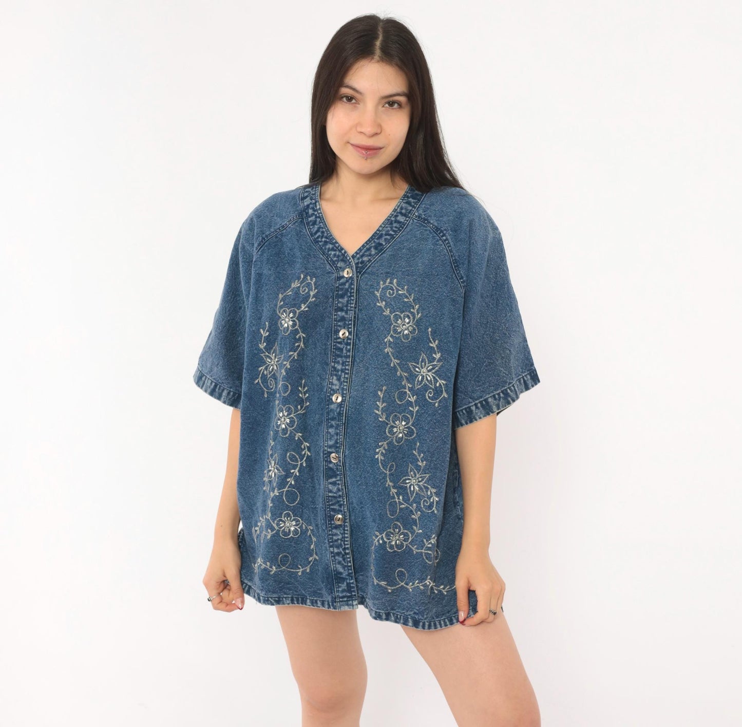 90s Premier International Denim Blouse Floral Vine Embroidery Blue Cotton Medium