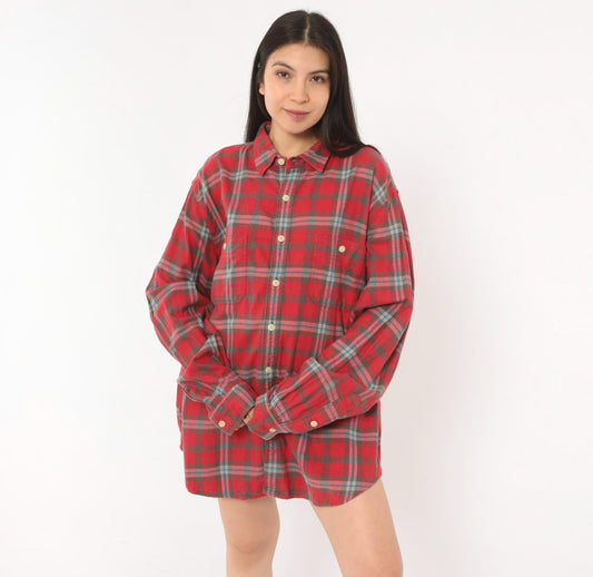 2000s J.Crew Red Plaid Flannel Button-Up Shirt Cotton Grey Blue Check Extra Large XL