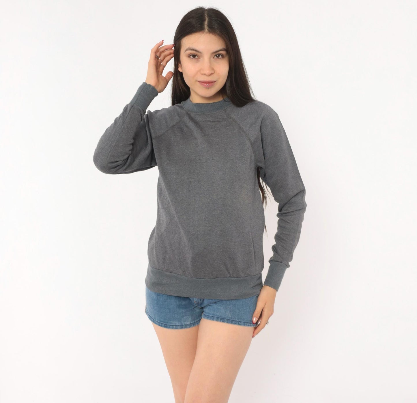 80s Charcoal Grey Raglan Sweatshirt Crewneck Cotton Pullover Small S