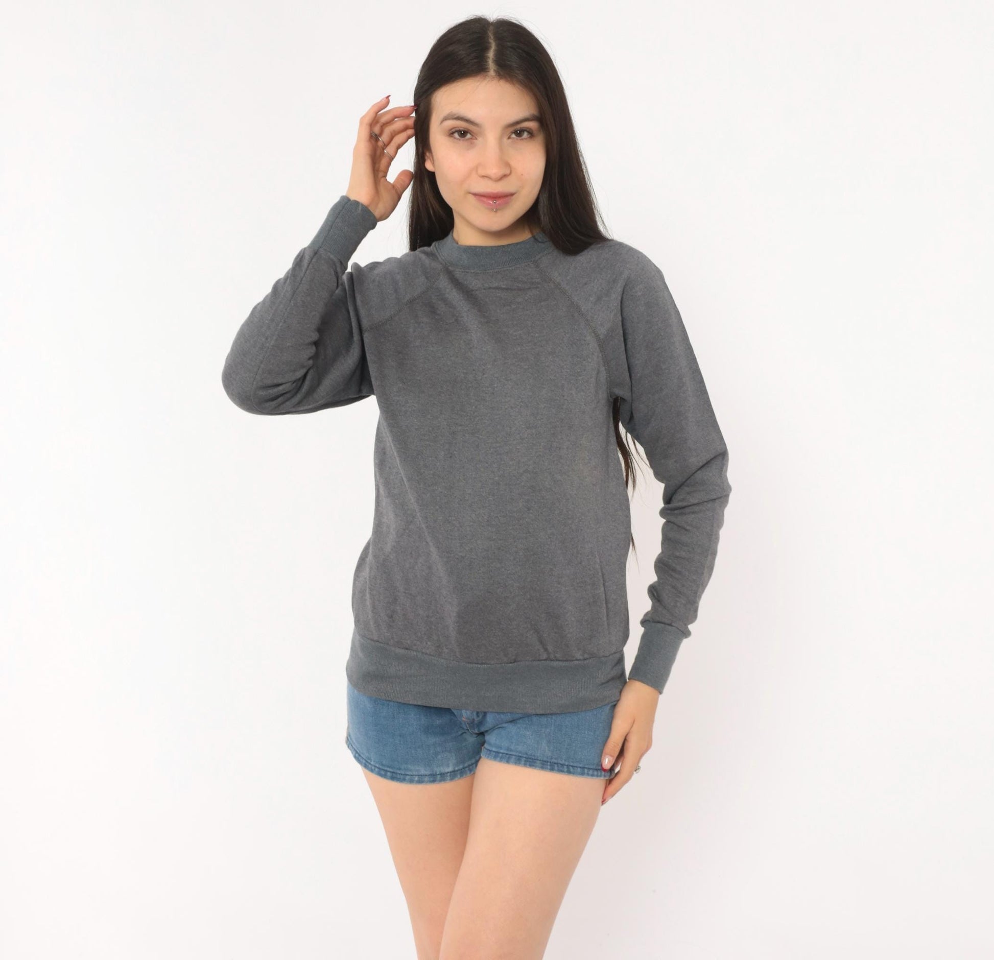 80s Charcoal Grey Raglan Sweatshirt Crewneck Cotton Pullover Small S