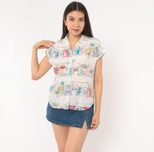 90s Act 3 Cityscape Camp Collar Blouse White Teal Pink Small