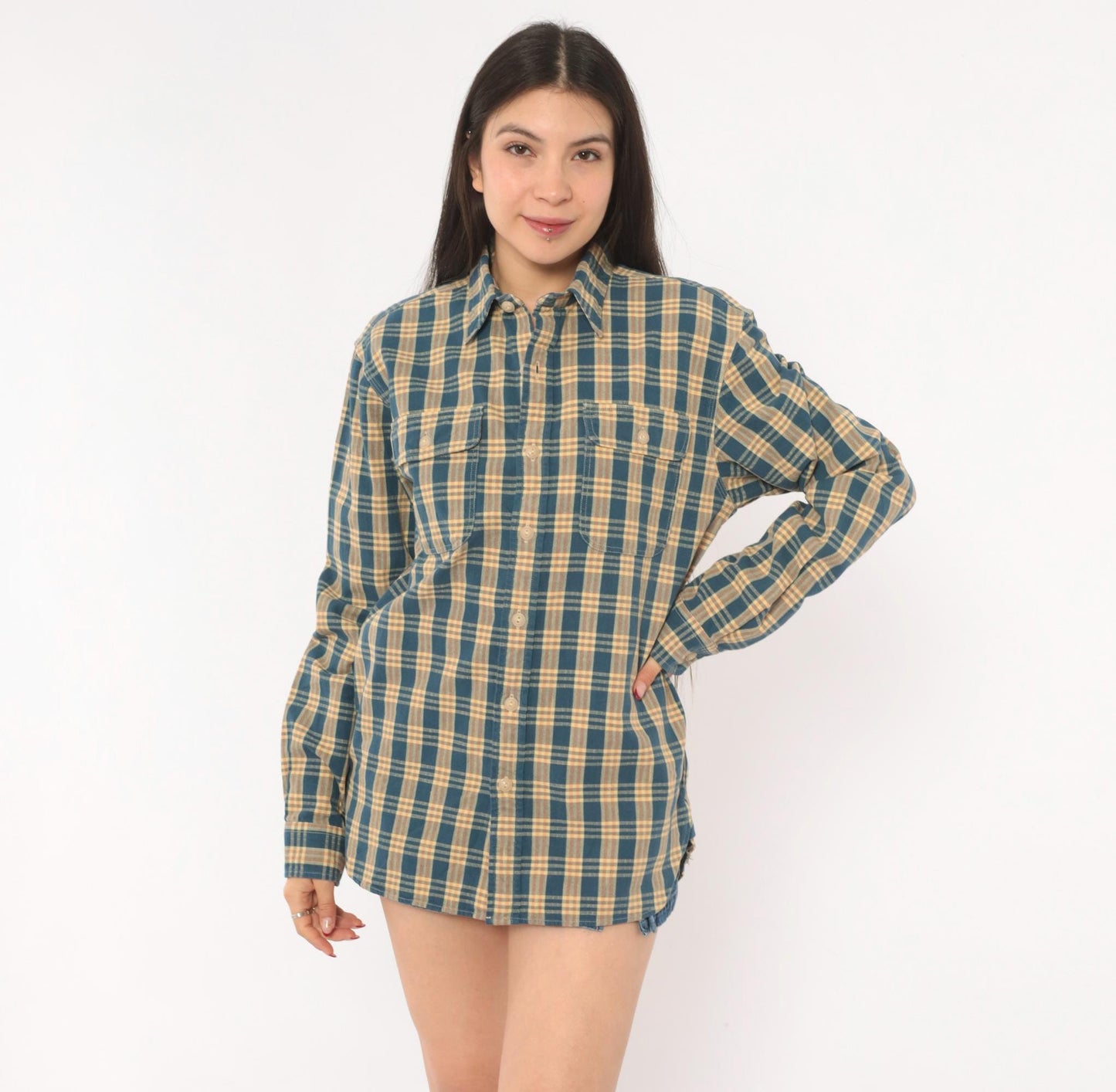 90s Ralph Lauren Plaid Flannel Shirt Teal Cream Cotton Small S