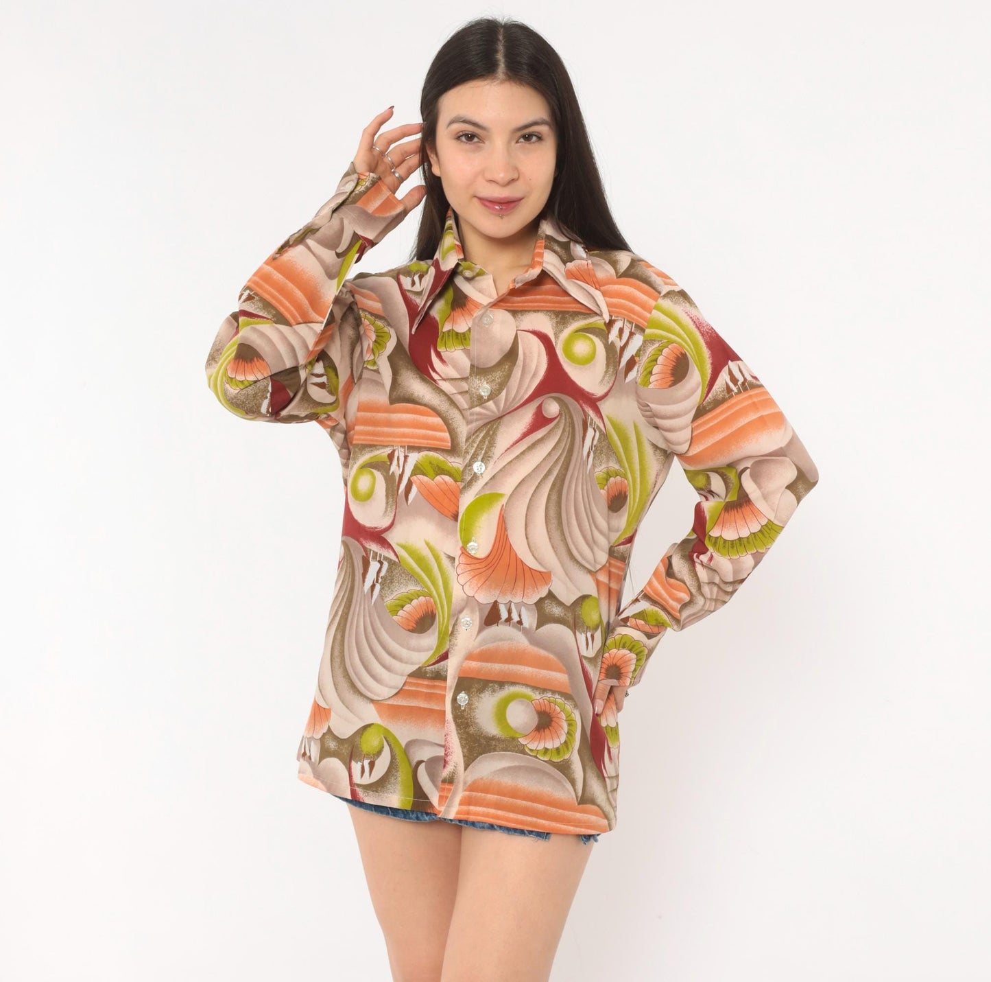 70s Landmark Button Front Shirt Psychedelic Swirl Print Olive Burgundy Medium