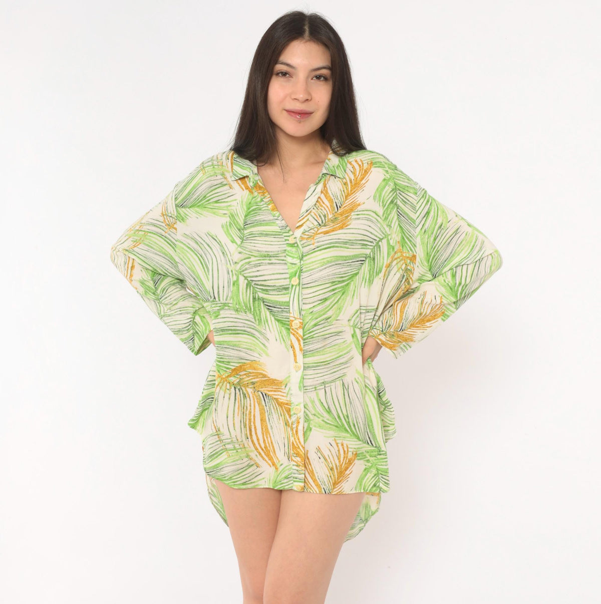 2000s Jams World Palm Leaf Hawaiian Shirt Green Rayon Camp Collar Extra Large XL