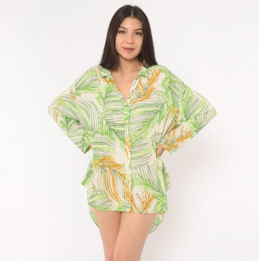 2000s Jams World Palm Leaf Hawaiian Shirt Green Rayon Camp Collar Extra Large XL