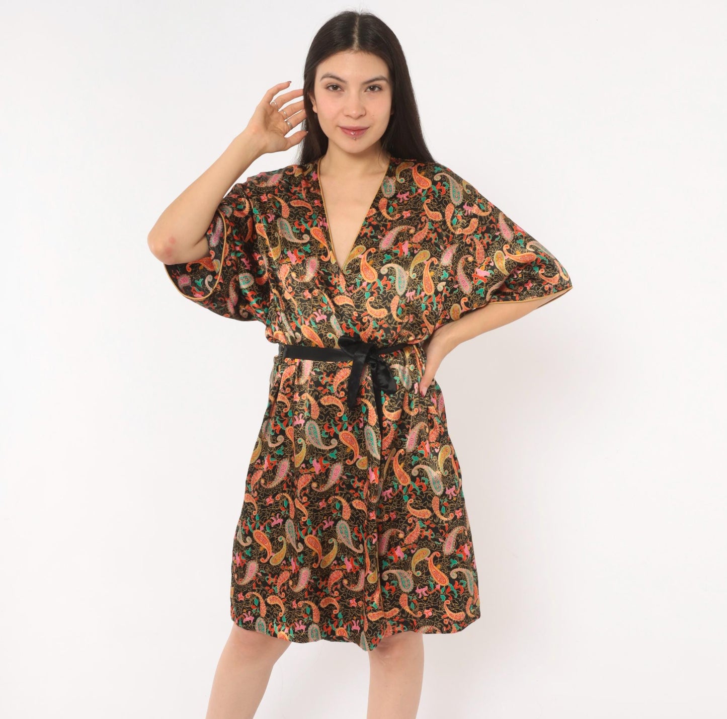 90s Barbizon Paisley Kimono Robe Wrap Front Tie Belt Black Gold Teal Pink Small