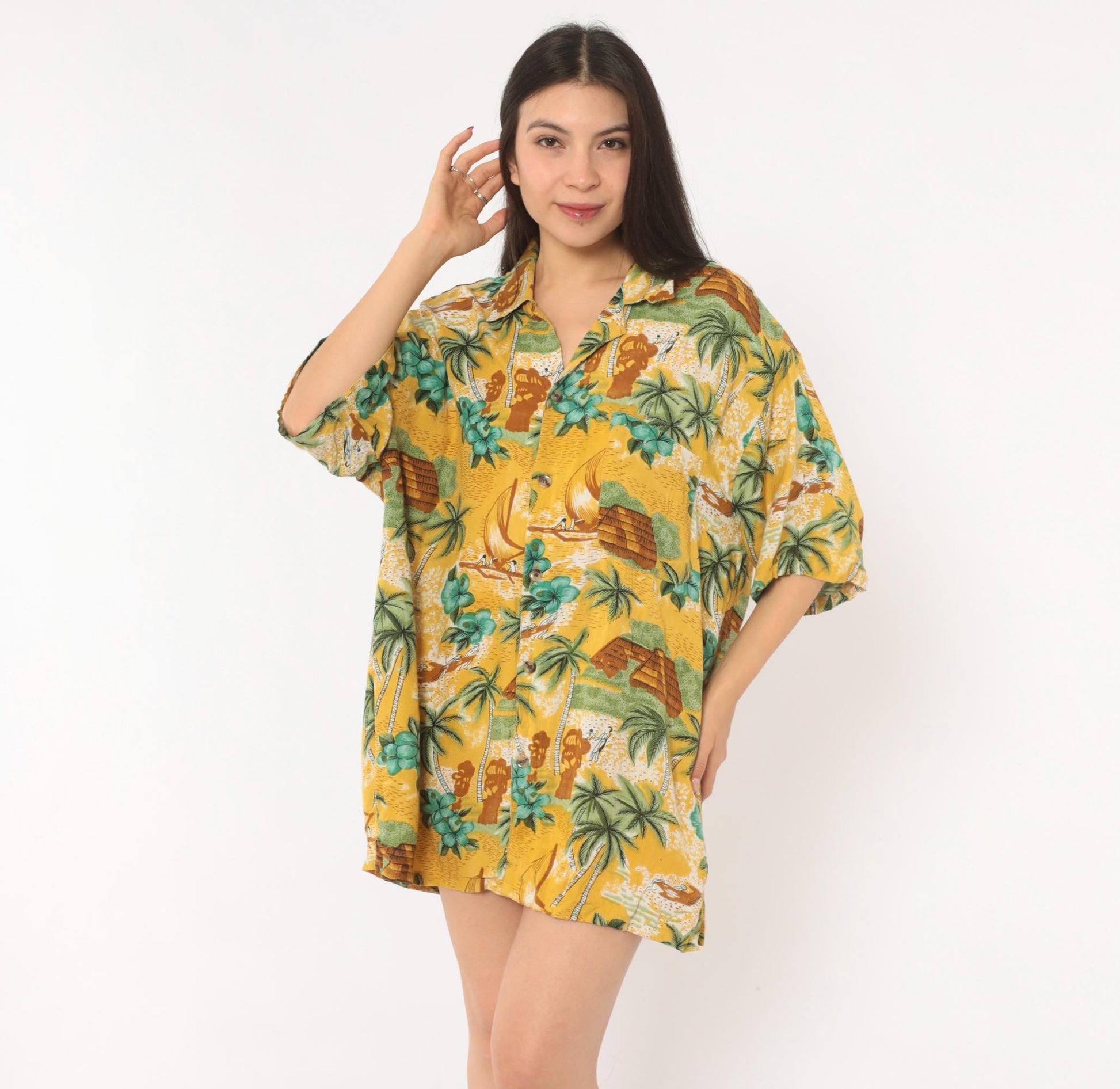 2000s Bullseye Hawaiian Camp Collar Shirt Yellow Tropical Scenic Large L