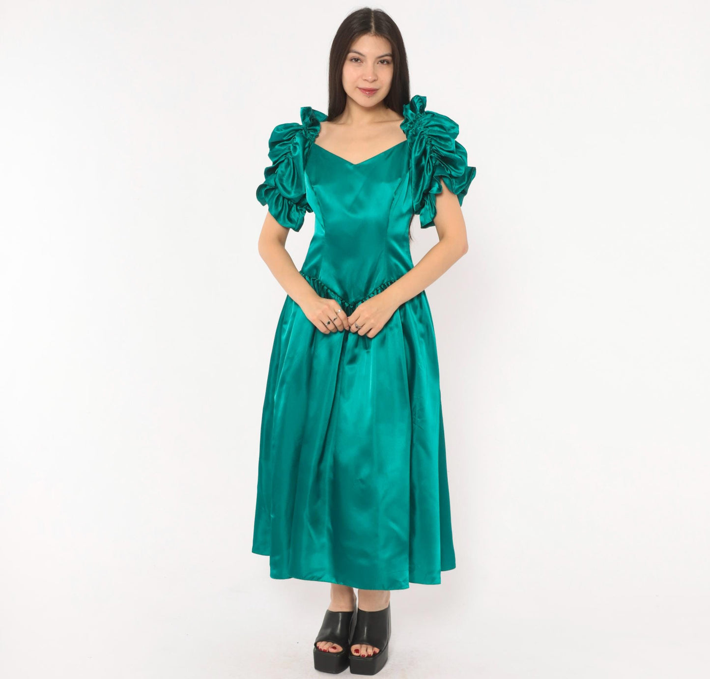 80s Teal Satin Gown Sweetheart Neckline Puff Sleeve Drop Waist Small