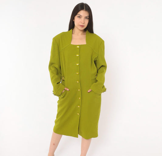 80s Lauren Taylor Wool Coat Dress Olive Green Gold Buttons Power Dressing Large L