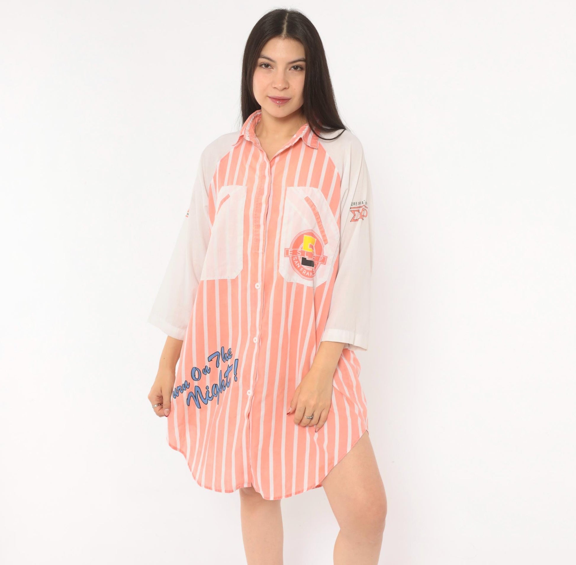 90s Esleep Pink Striped Sleep Shirt Knee-Length Raglan Nightgown Small