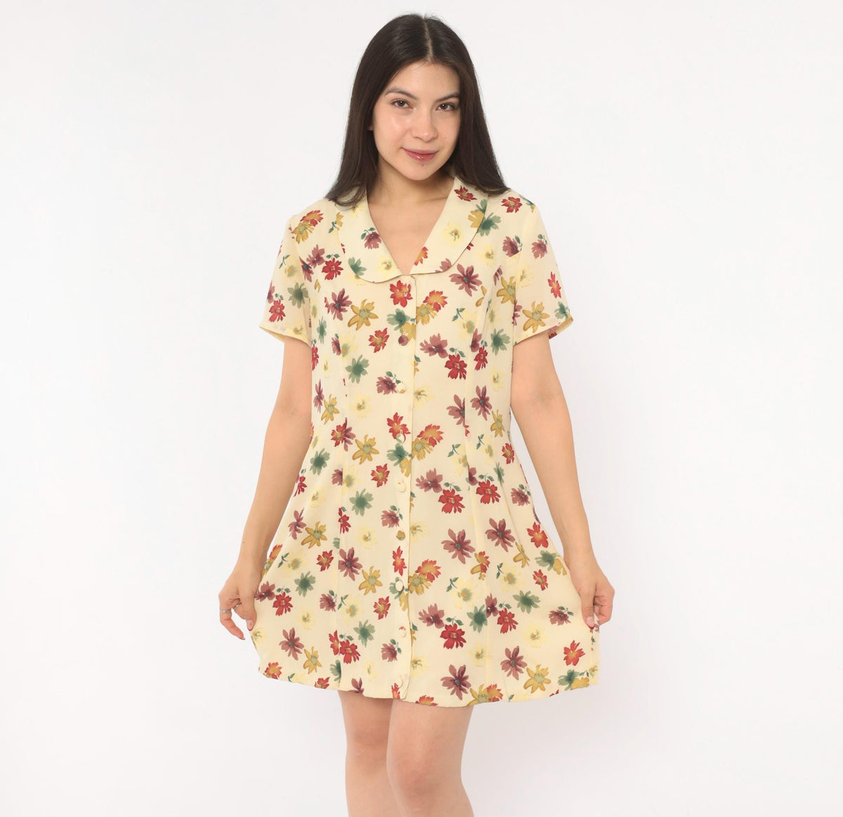 90s Evan-Picone Floral Button Front Mini Dress Cream Daisy Print Medium M