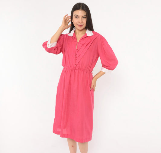 80s Fuchsia Puff Sleeve Shirtdress White Collar Pleated Bodice Pink Buttons Small Medium