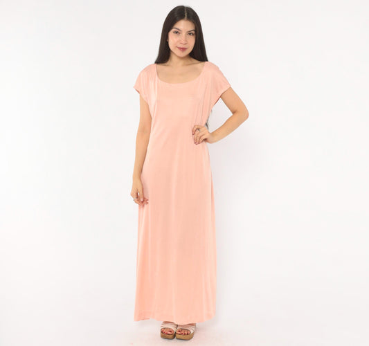 70s Blush Pink Maxi Dress Cap Sleeve Scoop Neck A-Line Large