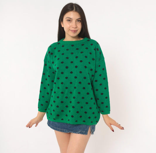 90s Perspective Polka Dot Wool Knit Sweater Emerald Green Medium M