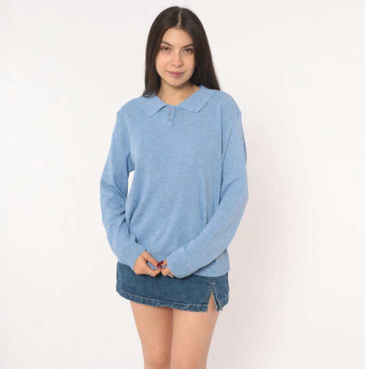 90s Blair Powder Blue Polo Sweater Knit Collar Button Pullover Medium