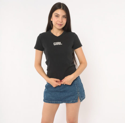 90s Esprit Black Baby Tee V-Neck Embroidered Girl Cotton Crop Top Extra Small