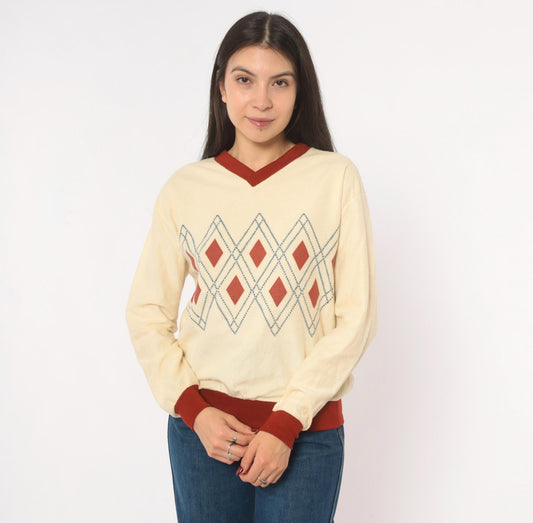 70s Windjammer Argyle V-Neck Pullover Sweatshirt Cream Burgundy Medium M