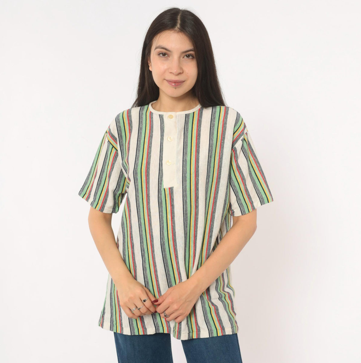 70s Esprit Multicolor Striped Henley Short Sleeve Cotton Shirt Extra Large XL