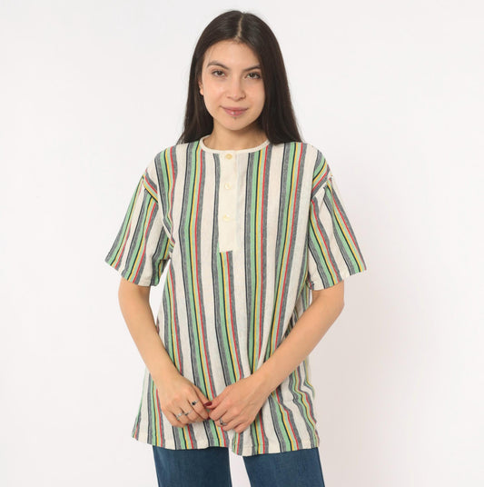 70s Esprit Multicolor Striped Henley Short Sleeve Cotton Shirt Extra Large XL