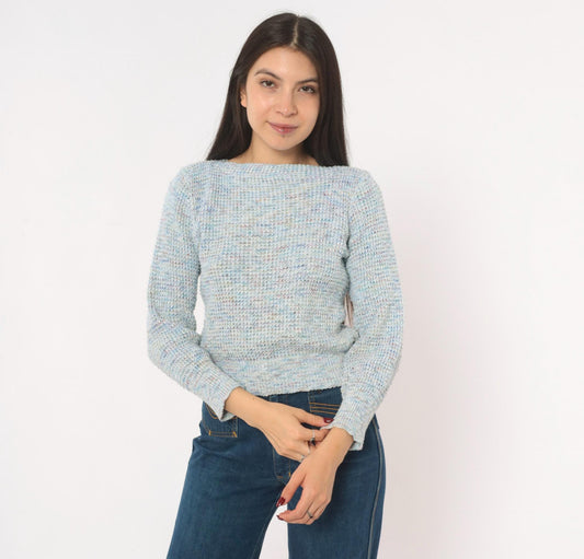 70s Powder Blue Speckled Knit Sweater Boat Neck Cropped Small