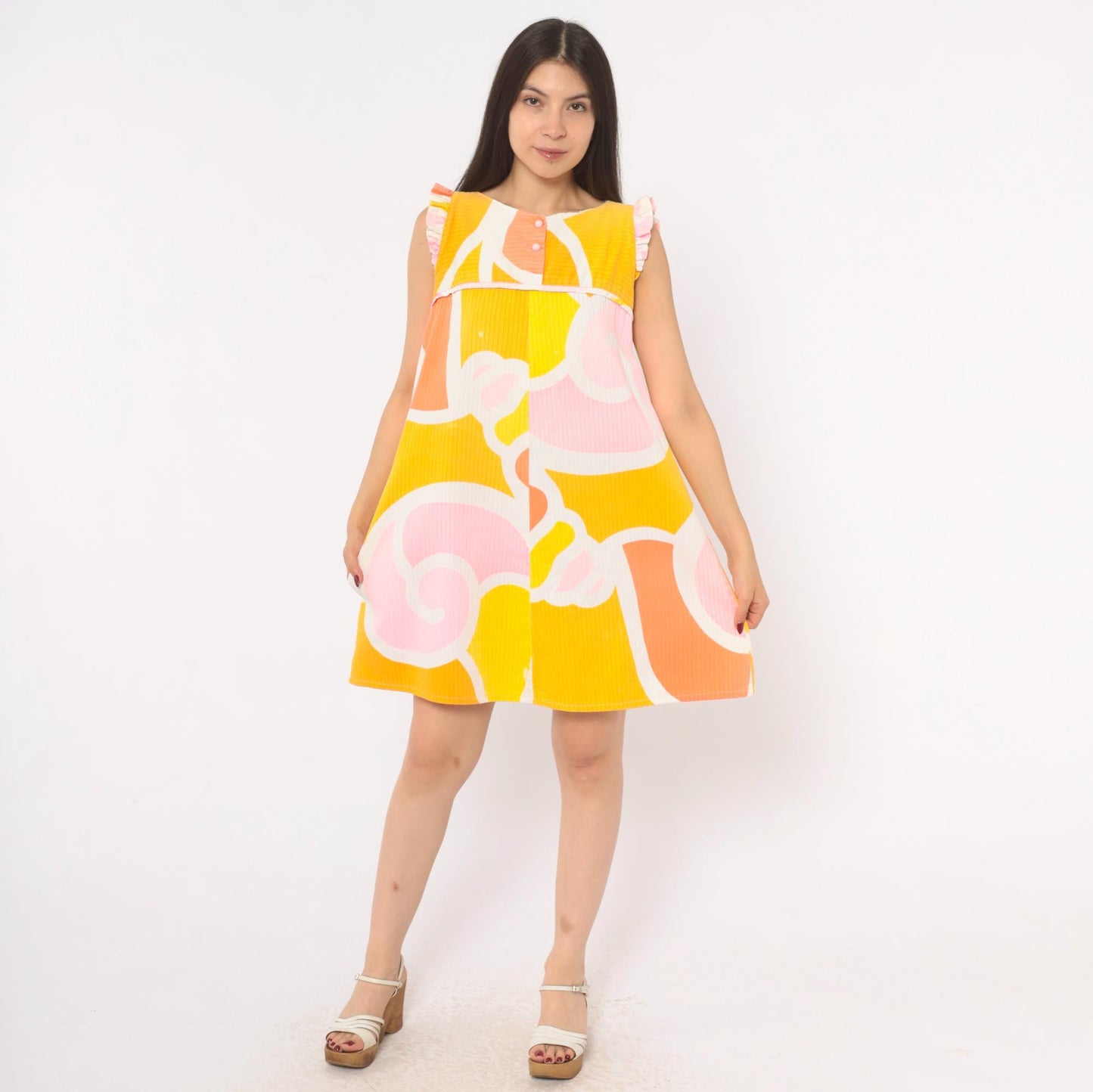 70s Andrade Hawaiian Swirl Mini Dress Yellow Pink Orange Ruffle Cap Sleeve Small