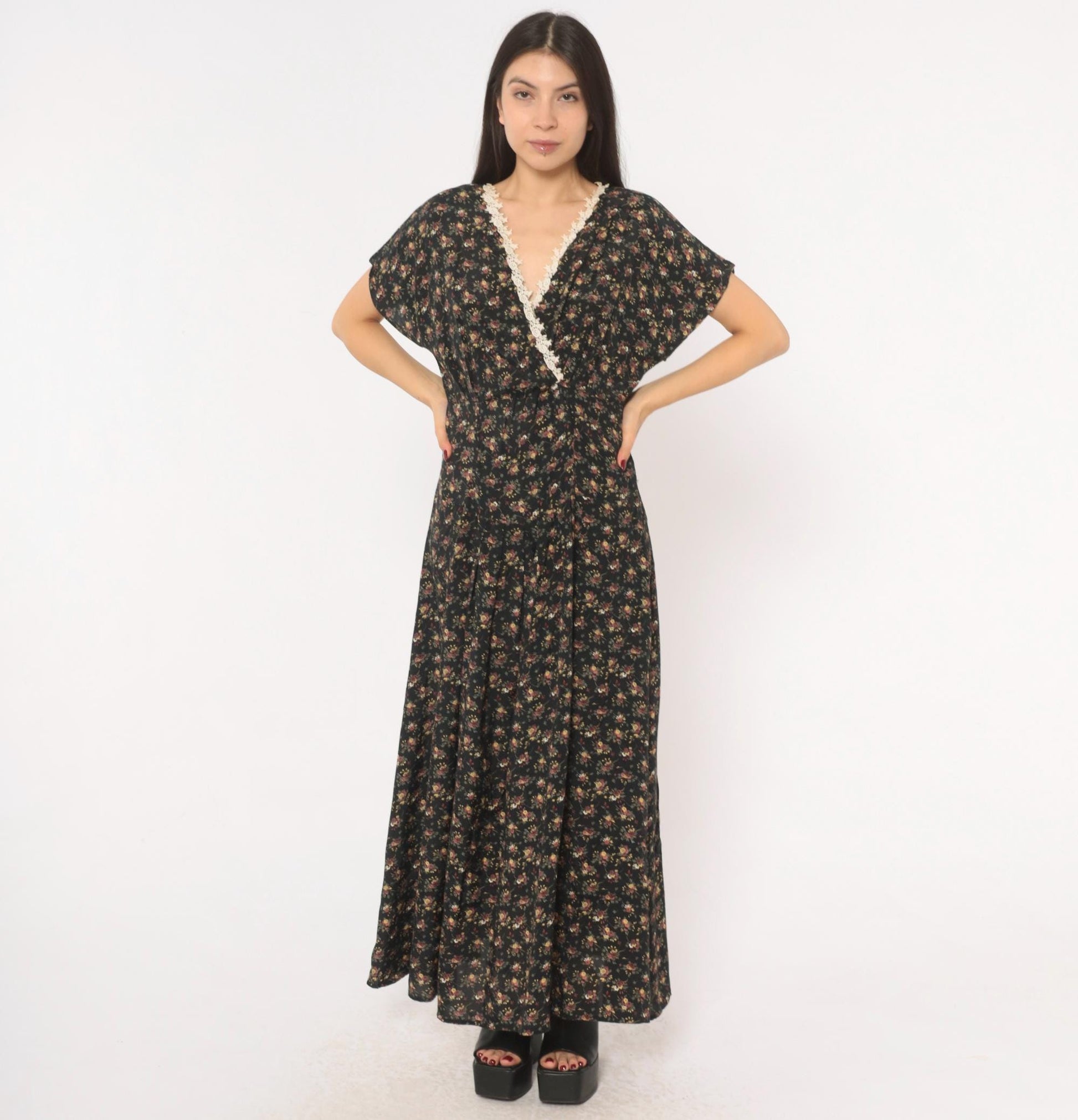 90s Ariana Black Floral Maxi Dress V-Neck Wrap Lace Trim Flutter Sleeve Large L