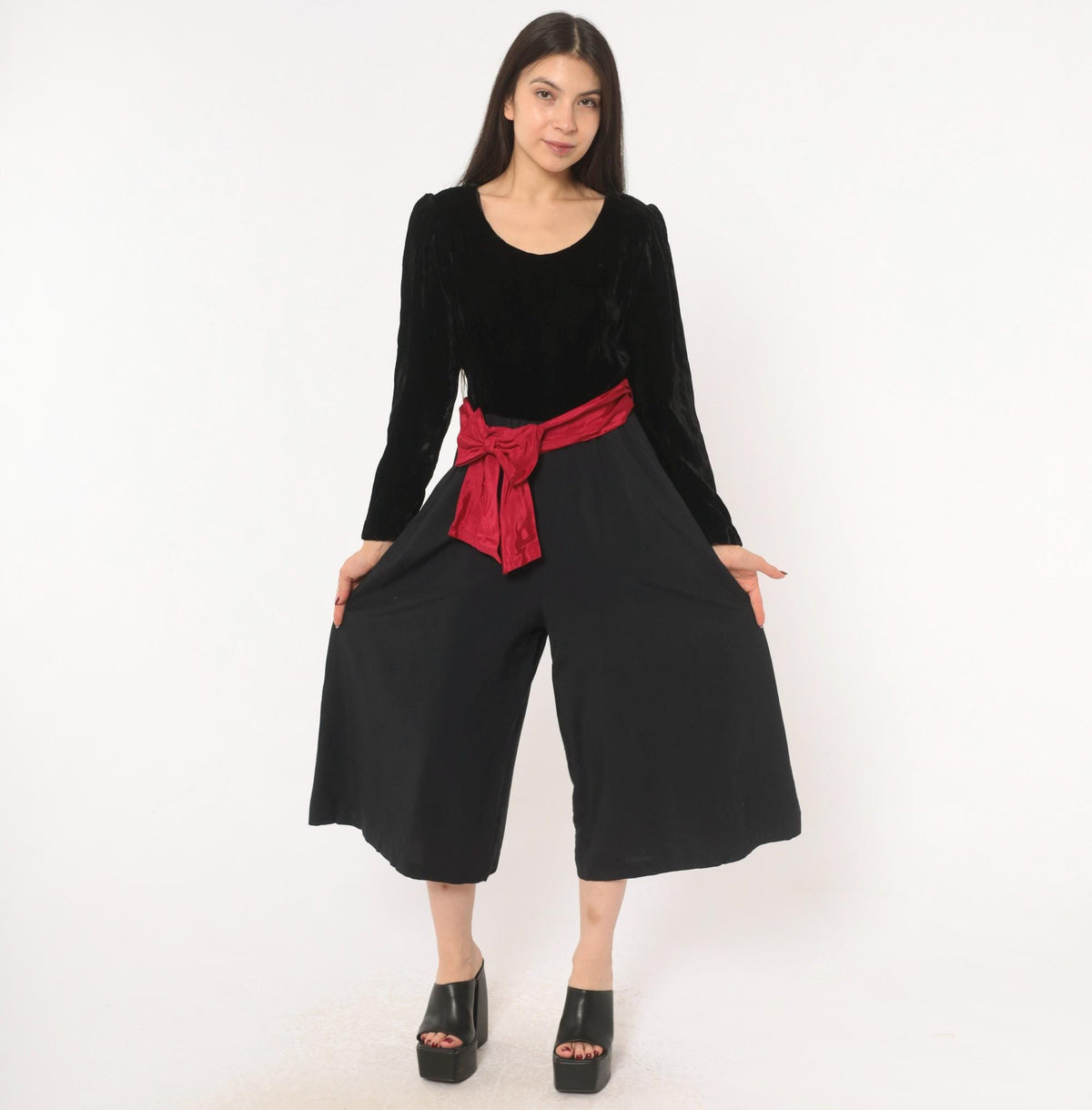 90s Petite Lanz Black Velvet Jumpsuit Burgundy Sash Puff Sleeve Small S