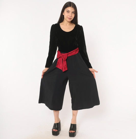 90s Petite Lanz Black Velvet Jumpsuit Burgundy Sash Puff Sleeve Small S
