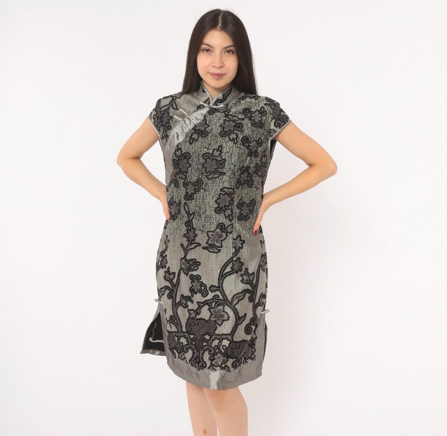 90s Grey Cheongsam Dress Black Floral Embroidered Qipao Mandarin Collar Medium M