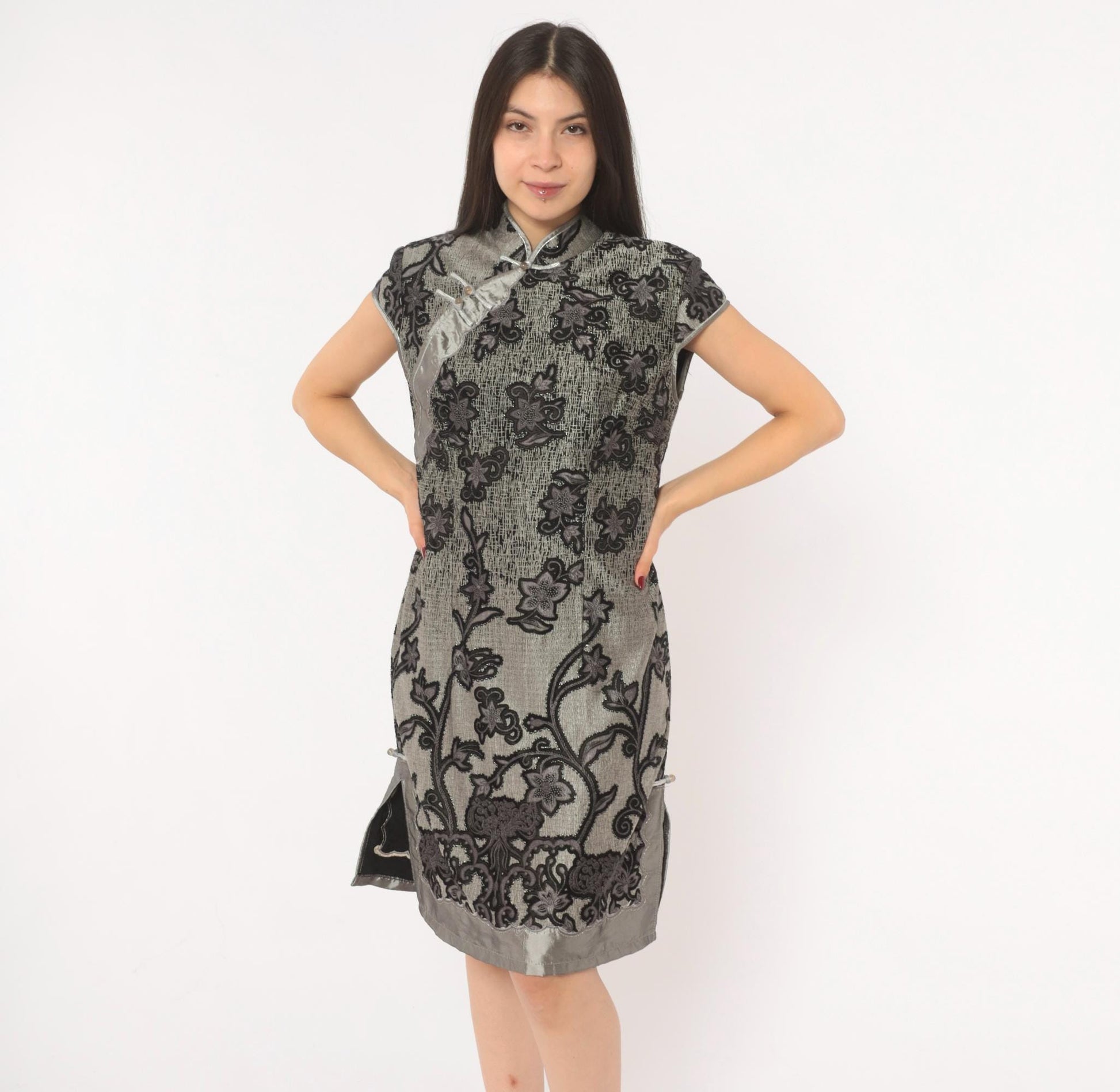 90s Grey Cheongsam Dress Black Floral Embroidered Qipao Mandarin Collar Medium M