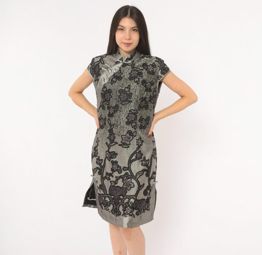 90s Grey Cheongsam Dress Black Floral Embroidered Qipao Mandarin Collar Medium M