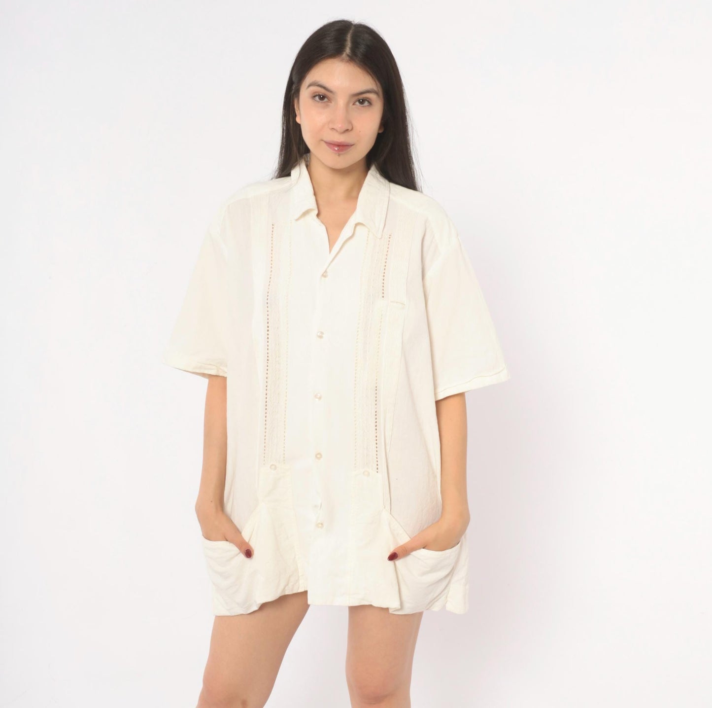 90s Cream Cotton Camp Shirt Pintuck Lace Panel Ivory Mens Large L
