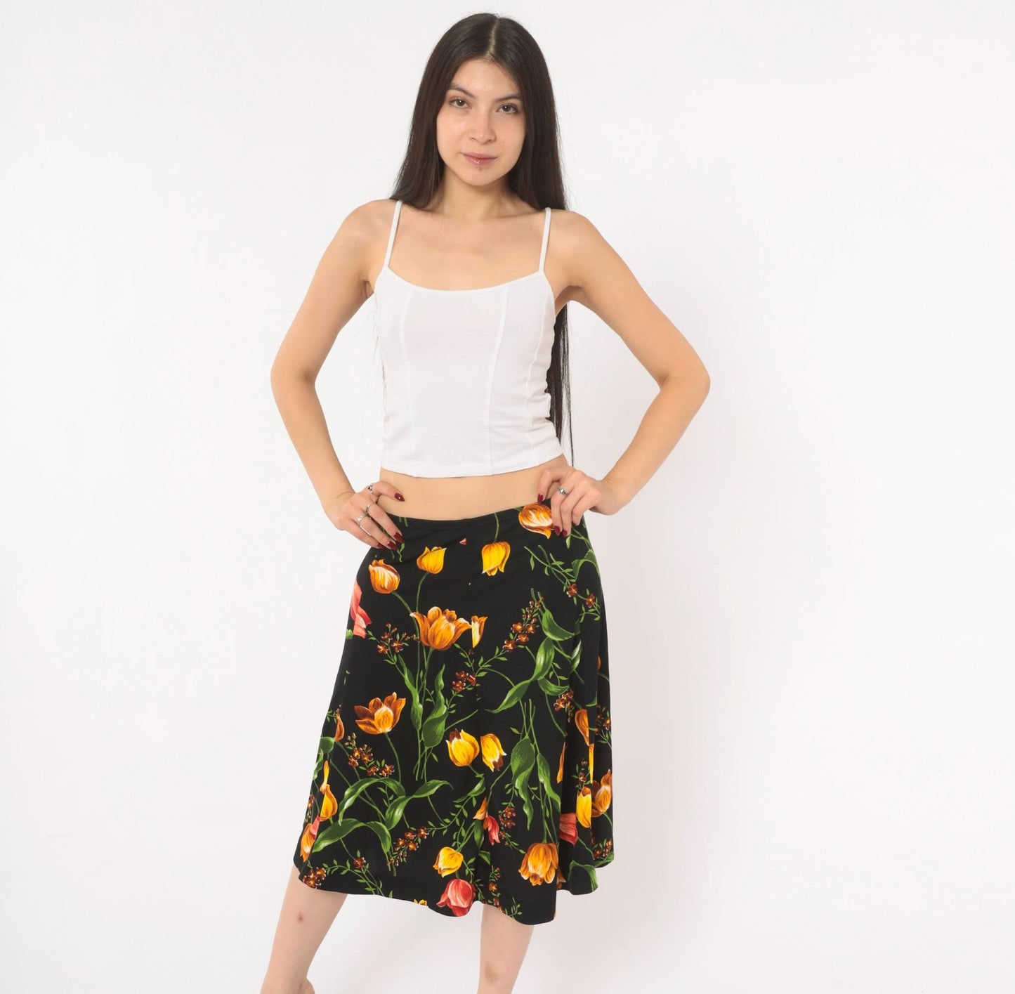 90s St Charmond Tulip Floral A-Line Skirt Black Orange Yellow Medium Large