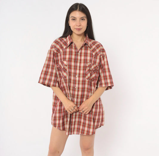 90s Plains Western Pearl Snap Shirt Burgundy Plaid Cotton Extra Large XL