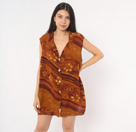 90s Naturals Batik Floral Shirt Dress Mustard Rust Mini Plus Size 1X