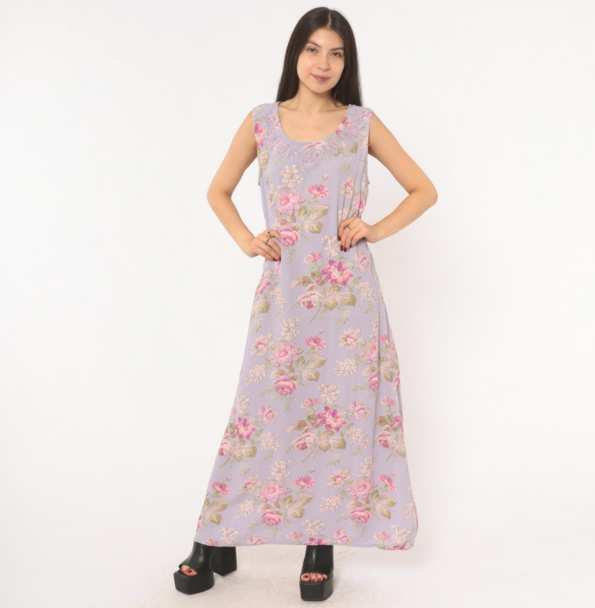 90s April Cornell Lavender Floral Maxi Dress Sequin Lace Scoop Neck Large