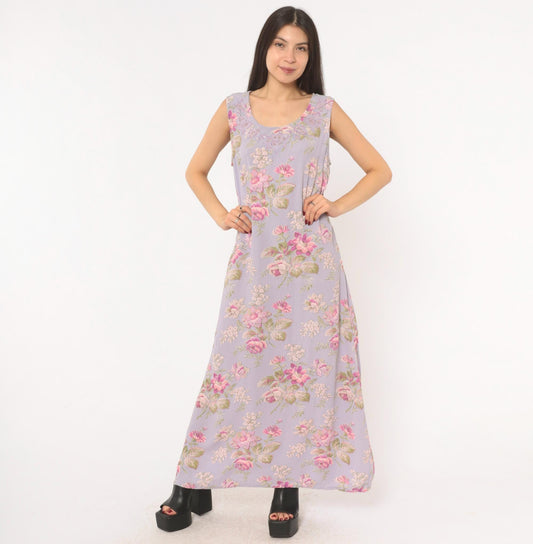 90s April Cornell Lavender Floral Maxi Dress Sequin Lace Scoop Neck Large