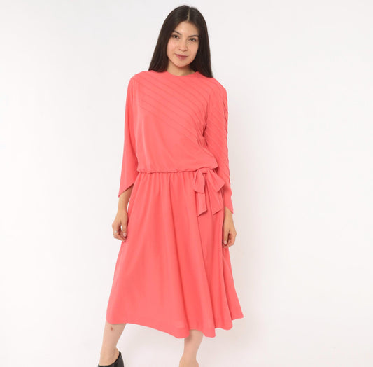 70s Herman Marcus Coral Midi Dress Pintuck Blouson Three Quarter Sleeve Large L