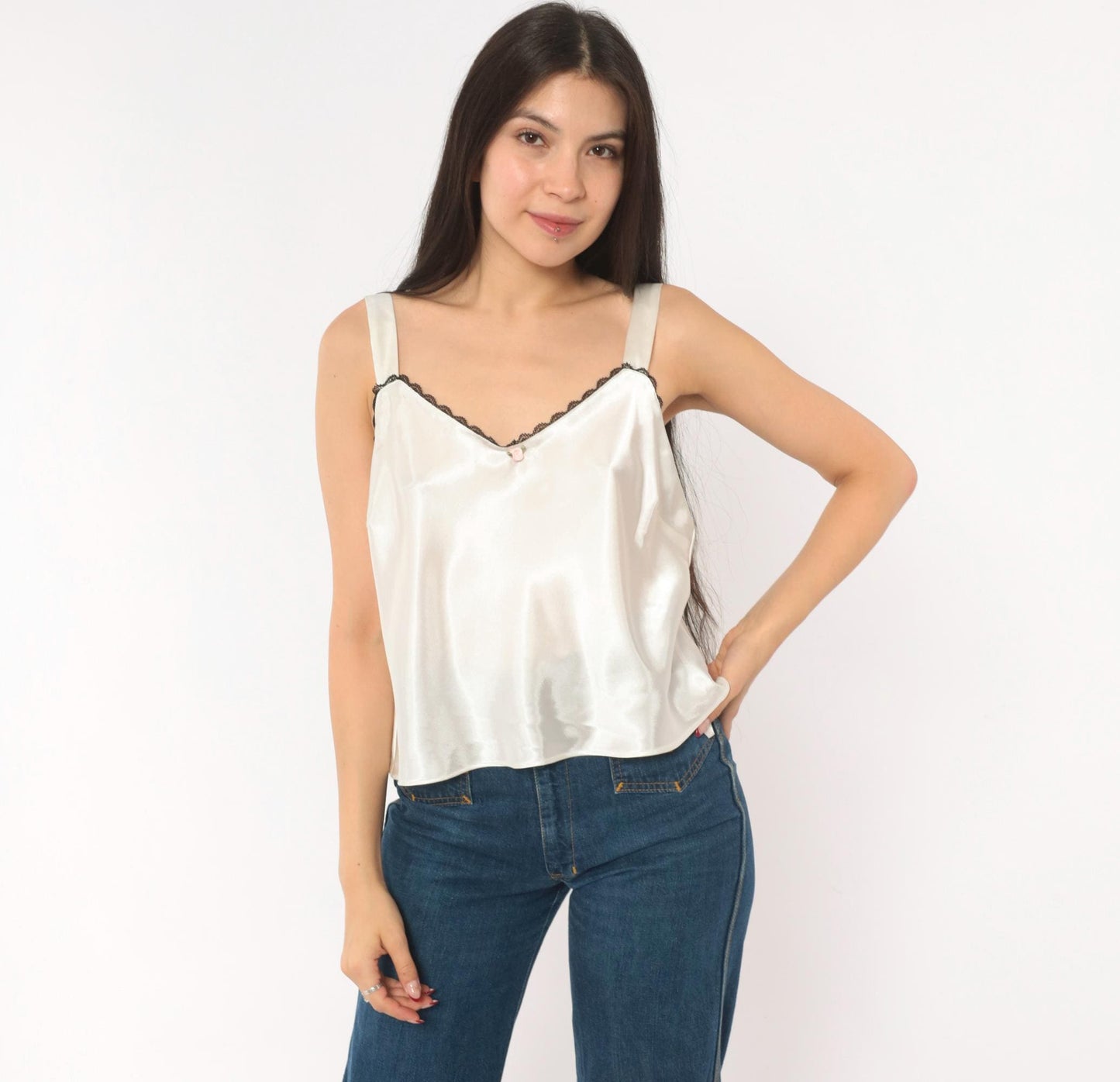 90s Studio I White Satin Cami V-Neck Black Lace Trim Pink Rose Large