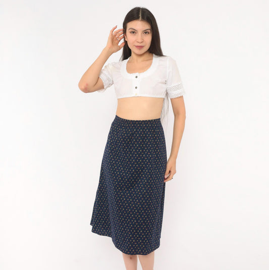 70s Faa 1st American Apparel Floral A-Line Skirt Navy Cotton Knee Length Large
