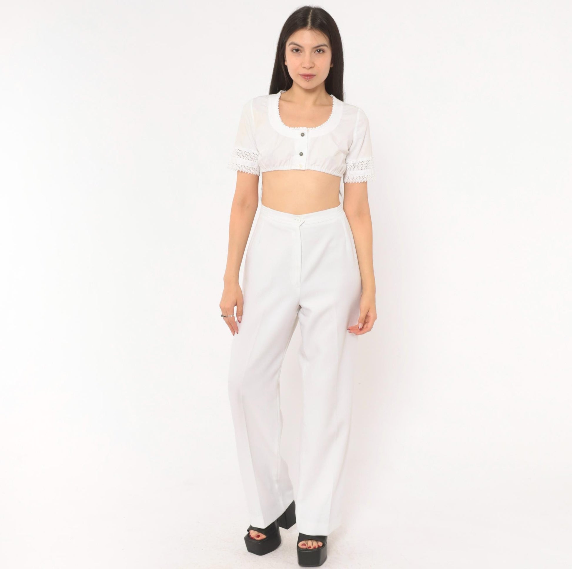 70s White High-Rise Wide-Leg Trousers Pleated Straight Pants Large L