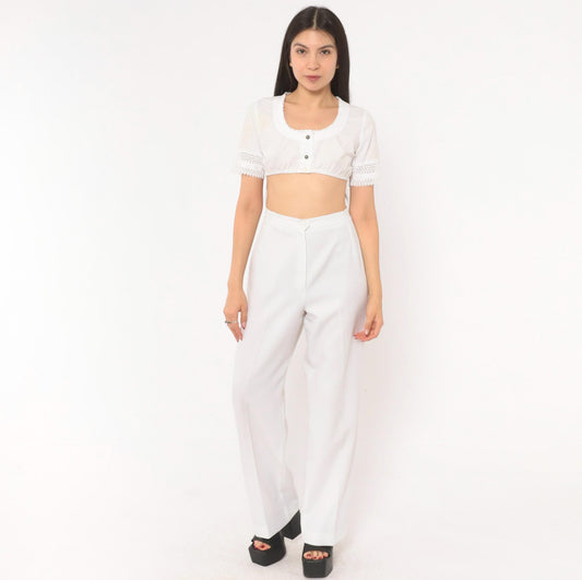 70s White High-Rise Wide-Leg Trousers Pleated Straight Pants Large L