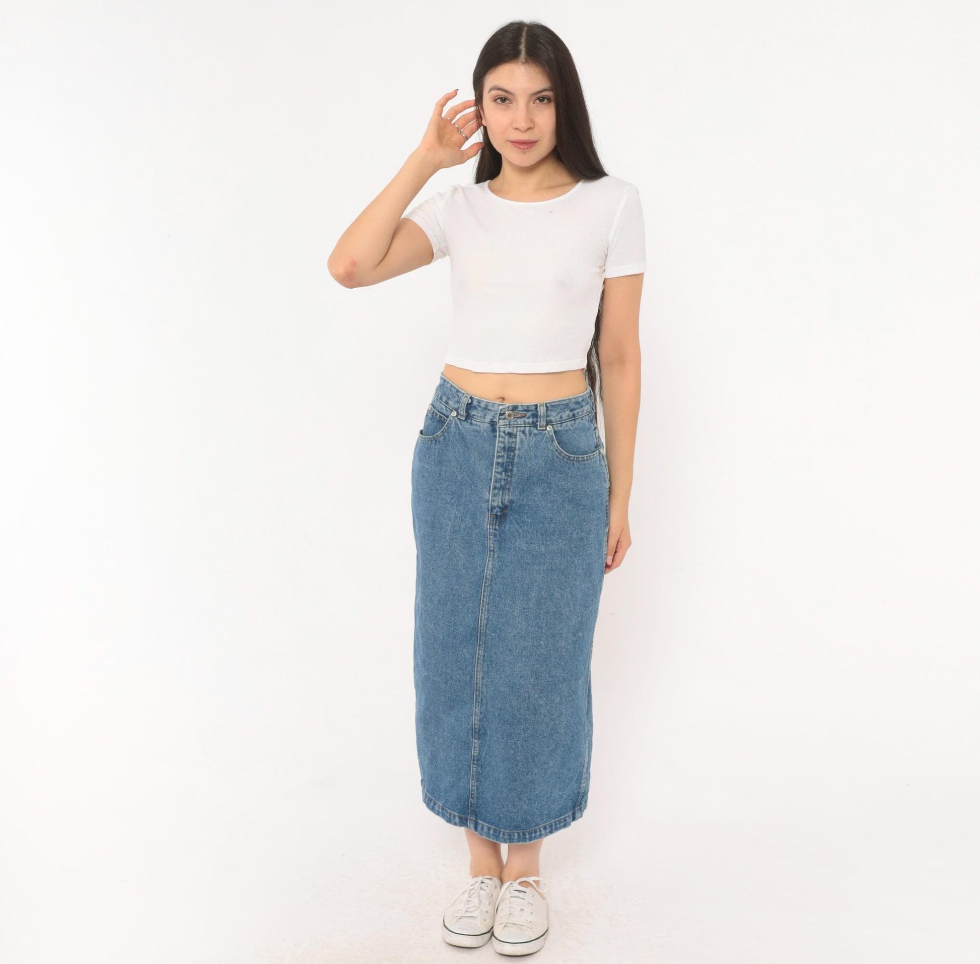90s Jordache Denim Midi Skirt Medium Wash High Waist Straight Pencil Back Slit Small