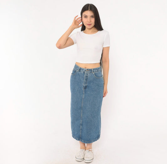 90s Jordache Denim Midi Skirt Medium Wash High Waist Straight Pencil Back Slit Small